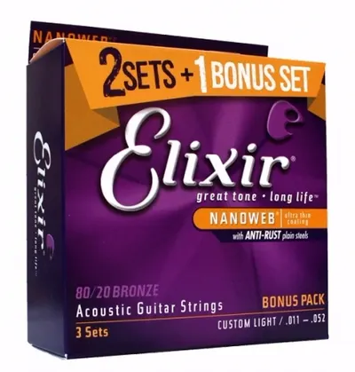 엘릭서기타줄 Elixir 통기타줄 80/20 브론즈 커스텀 라이트 2+1팩 한정판 [16538] (011-052)